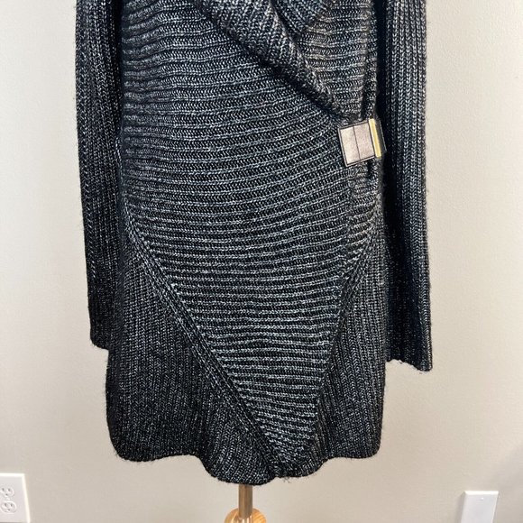 Cache Cardigan Sweater Medium Black Silver Metallic Knit Belted Shawl Collar New - Picture 3 of 14